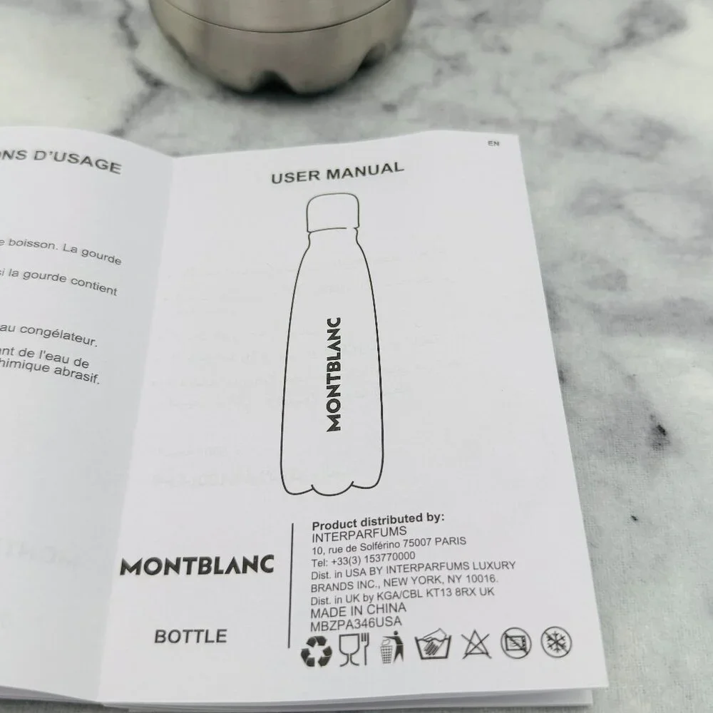 Montblanc Stainless Steel Travel Water Bottle, Silver Logo, Screw Lid,Boxed -NEW